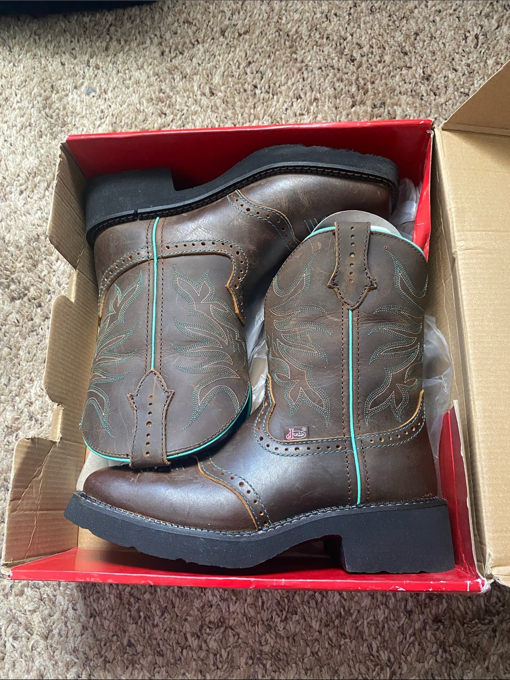 Justin Boots Brown Leather Heeled Western  Boots with turquoise Trim